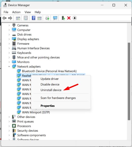 uninstall device network adapters